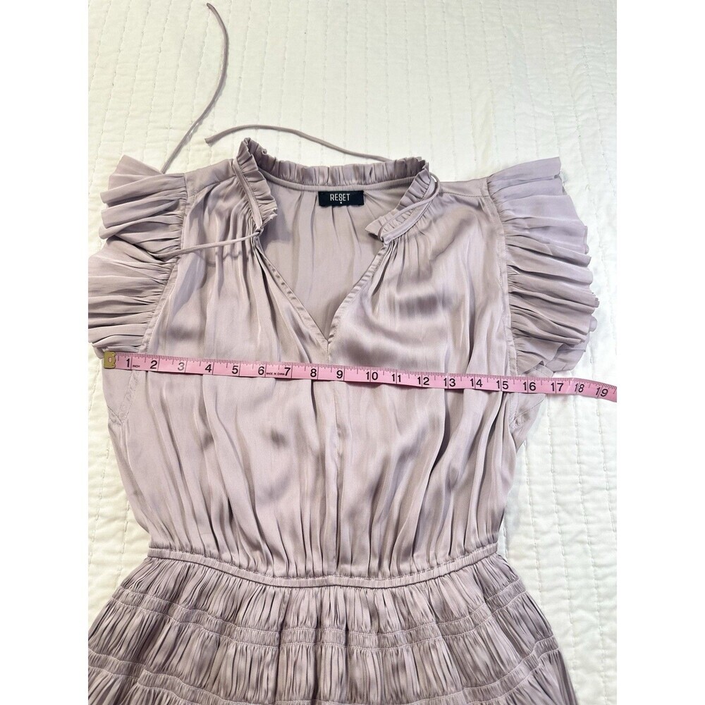 RESET by Jane Ruffle Smocked Tiered Mini Dress Pleated Satin Size M Lavender - Picture 10 of 14